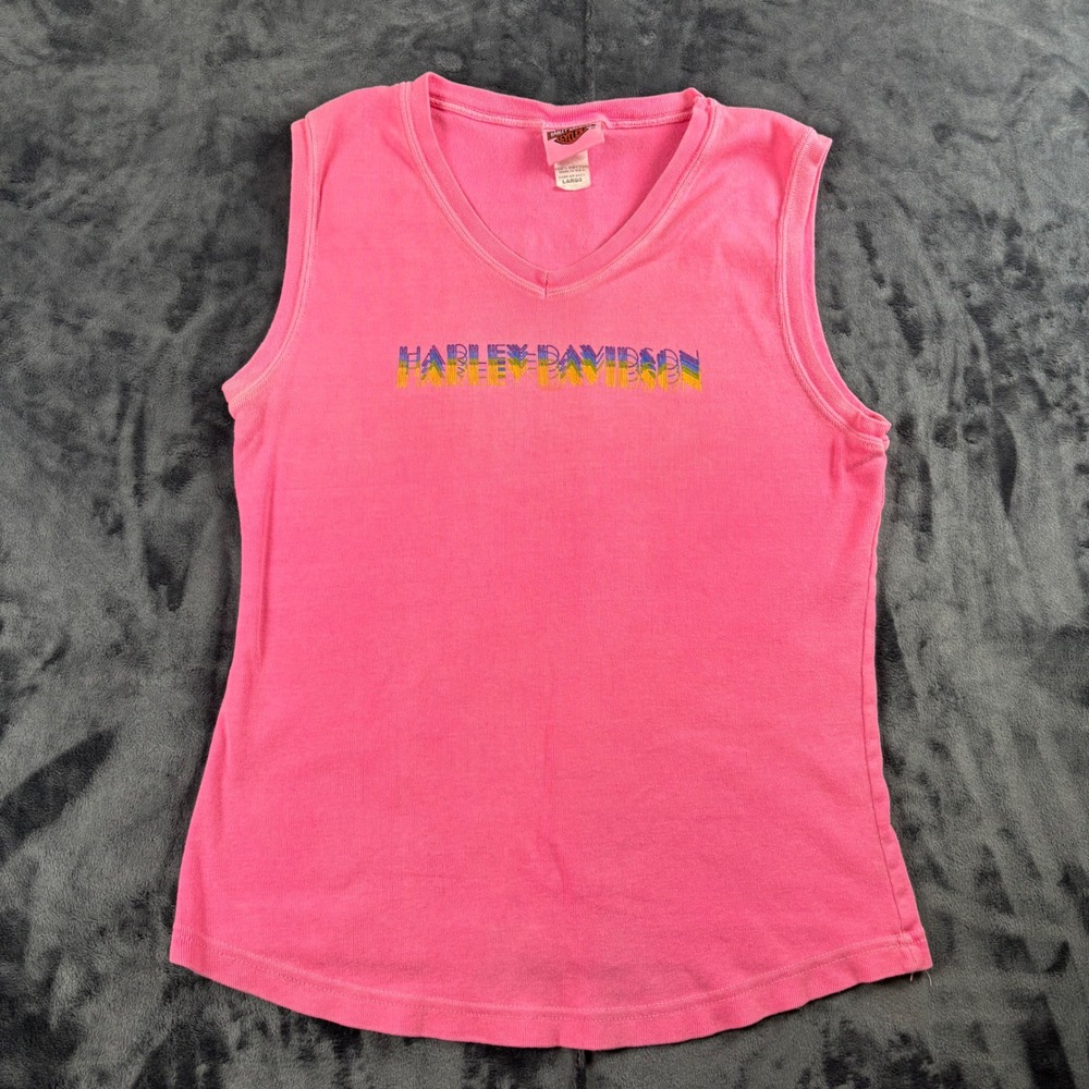 Harley-Davidson Sleeveless Top Womens Large Pink Chicago Skyline V-Neck Tank